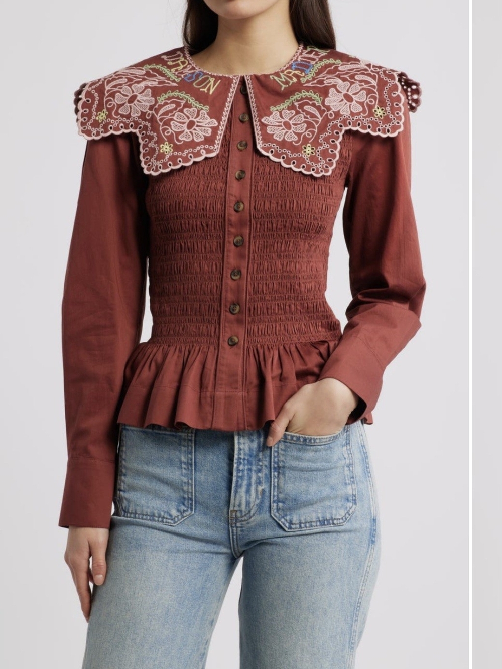 Damson Madder Embroidered Rust Button-Front Smocked Peplum Blouse